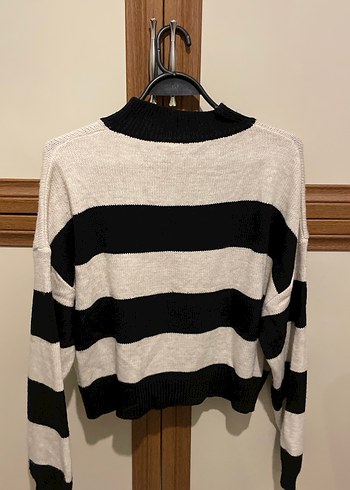 Gri Siyah Çizgili Örgü Kadın Kazak - Görsel 2