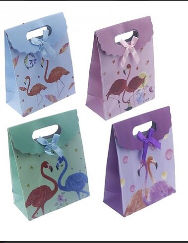  12 li paket 12x16cm Karışık Renkte Flamingo Karton Çanta
