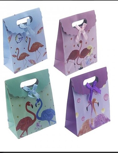12 li paket 12x16cm Karışık Renkte Flamingo Karton Çanta