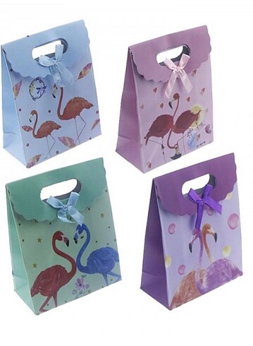 12 li paket 12x16cm Karışık Renkte Flamingo Karton Çanta