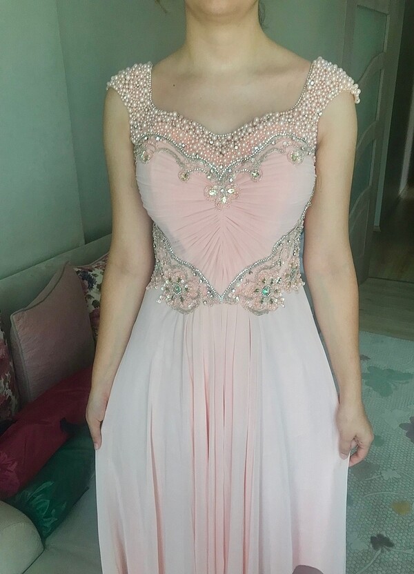 Pudra rengi taşlı elbise - Görsel 4