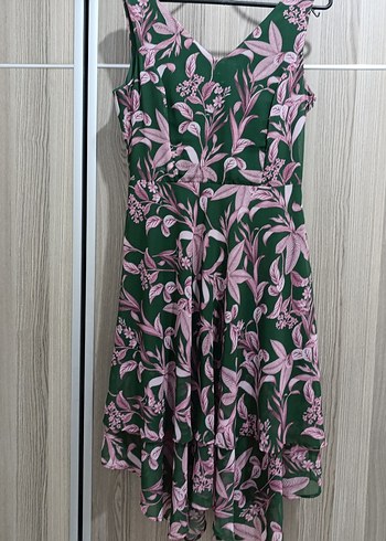 Pembe Yaprak Desenli Bohem Midi Elbise