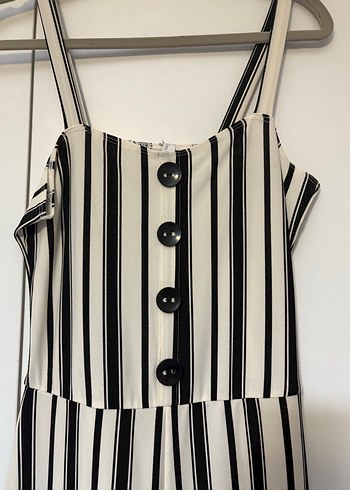 Düğmeli Çizgili Uzun Kadın Tulum - Görsel 2