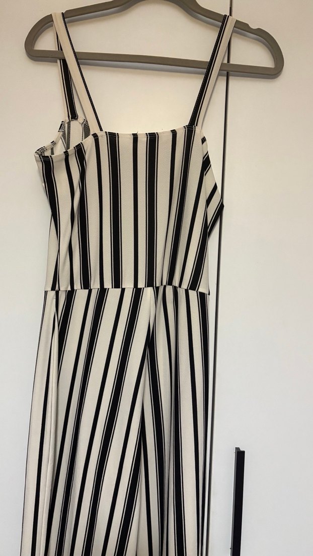 Düğmeli Çizgili Uzun Kadın Tulum - Görsel 4