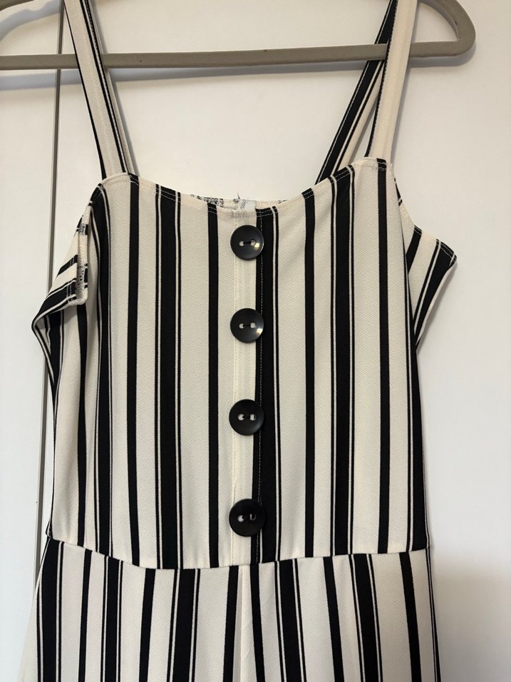 Düğmeli Çizgili Uzun Kadın Tulum - Görsel 2