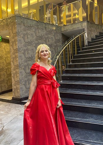 Kırmızı Drapeli Uzun Abiye Elbise - Görsel 3