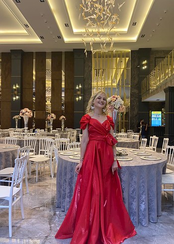 Kırmızı Drapeli Uzun Abiye Elbise - Görsel 4