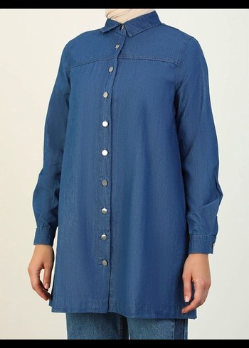 Düğmeli Lacivert Denim Kadın Gömlek - Görsel 8