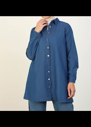 Düğmeli Lacivert Denim Kadın Gömlek - Görsel 7