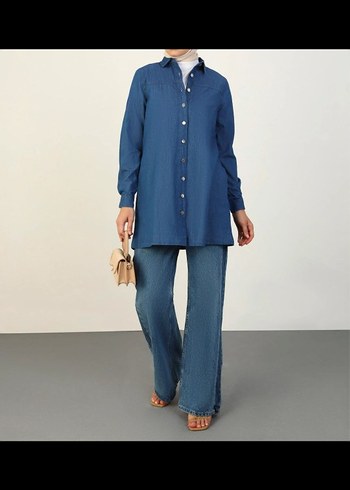 Düğmeli Lacivert Denim Kadın Gömlek - Görsel 6