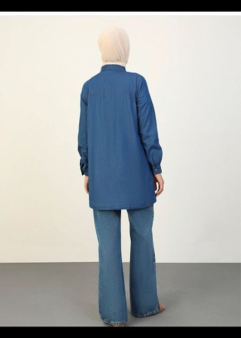 Düğmeli Lacivert Denim Kadın Gömlek - Görsel 5