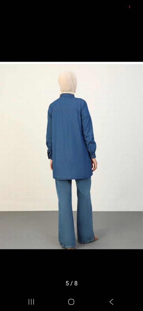 Düğmeli Lacivert Denim Kadın Gömlek - Görsel 5