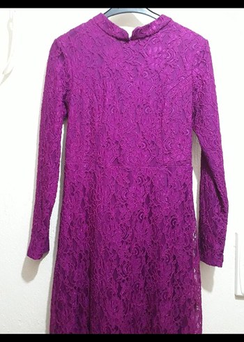 Dantel Detaylı Uzun fuşya Elbise - Görsel 7