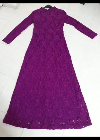 Dantel Detaylı Uzun fuşya Elbise - Görsel 2