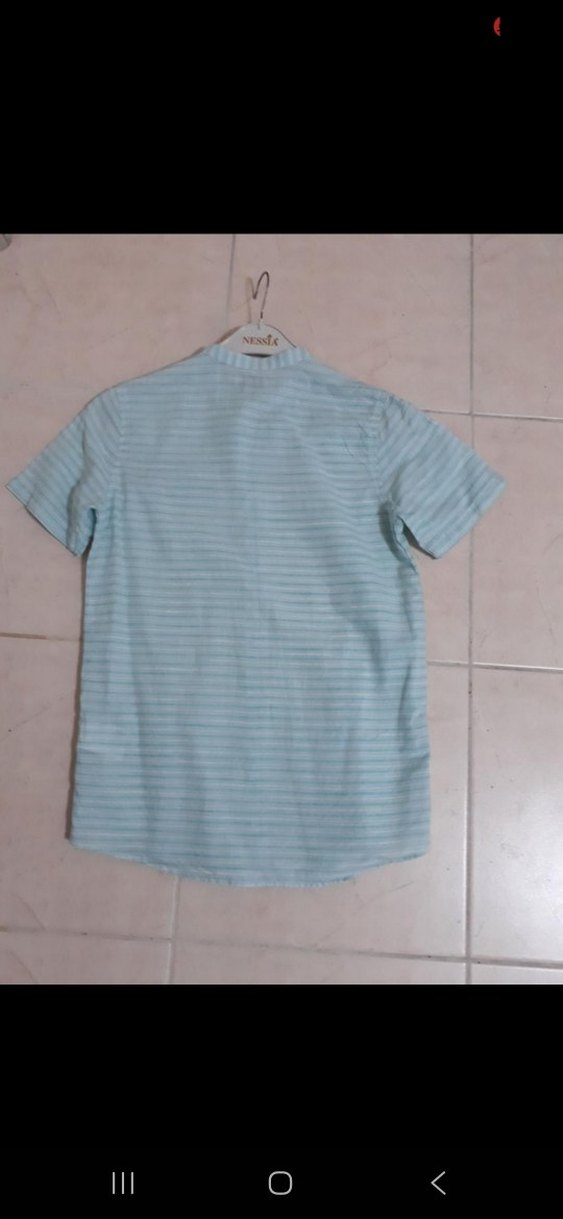 Düğmeli Mavi Keten Kısa Kollu Erkek çocuk Gömlek - Görsel 2