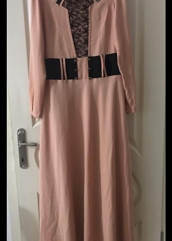 Bej Uzun Kollu Kemerli Kadın Elbise - Görsel 7