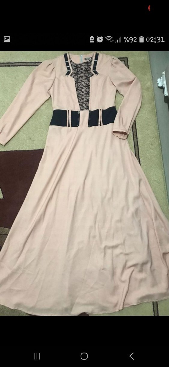 Bej Uzun Kollu Kemerli Kadın Elbise - Görsel 4