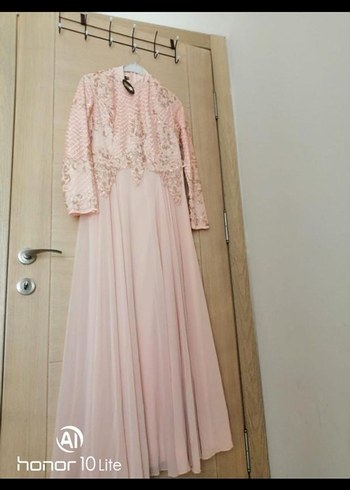 Pembe İşlemeli Uzun Kollu Drapeli Abiye - Görsel 6