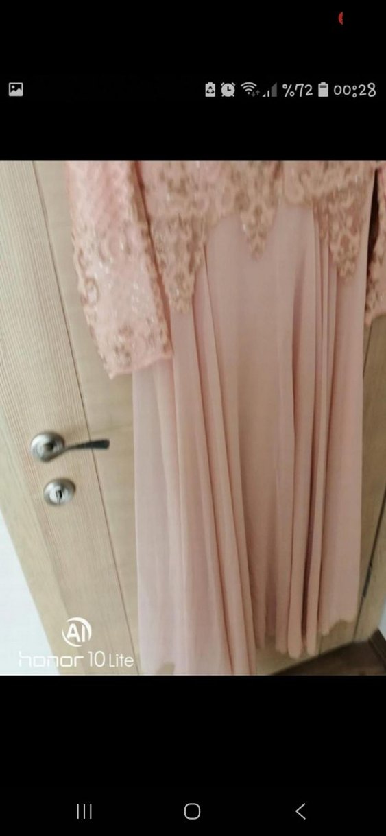 Pembe İşlemeli Uzun Kollu Drapeli Abiye - Görsel 5