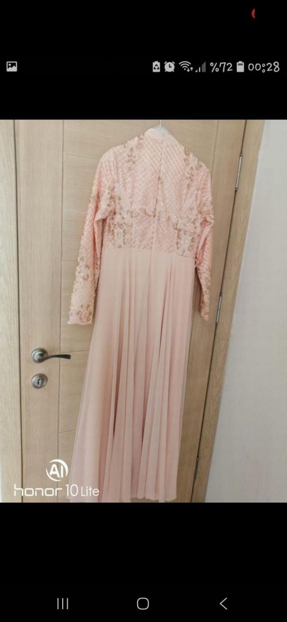 Pembe İşlemeli Uzun Kollu Drapeli Abiye - Görsel 4