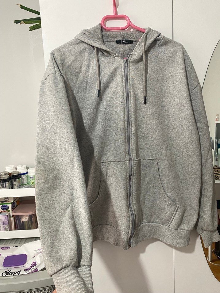 Gri Fermuarlı Oversize Sweatshirt - Görsel 3