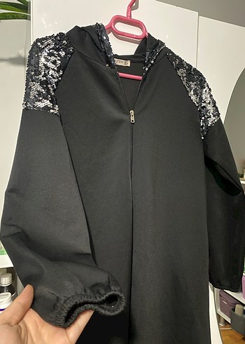 Siyah Payet Detaylı Uzun Kadın Kapüşonlu ceket/hırka - Görsel 3