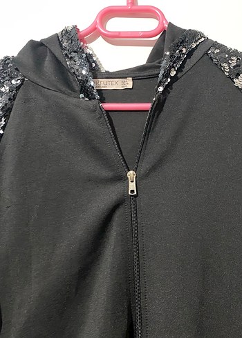 Siyah Payet Detaylı Uzun Kadın Kapüşonlu ceket/hırka - Görsel 2