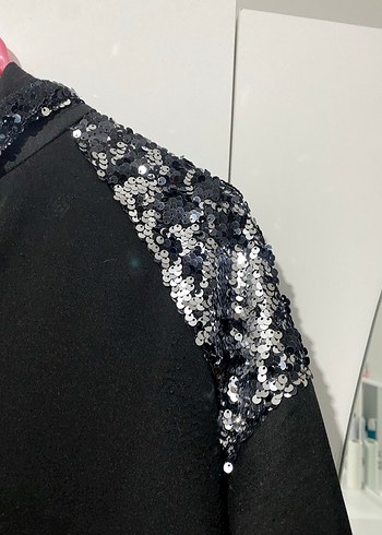 Siyah Payet Detaylı Uzun Kadın Kapüşonlu ceket/hırka - Görsel 6