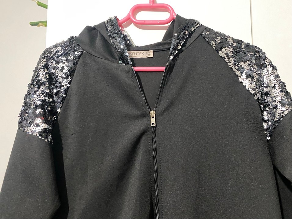 Siyah Payet Detaylı Uzun Kadın Kapüşonlu ceket/hırka - Görsel 2