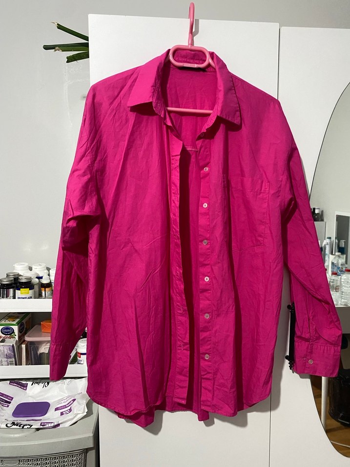 Pembe Düğmeli Keten Gömlek - Görsel 2