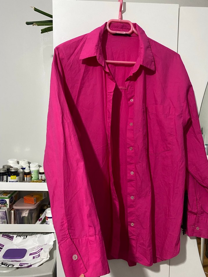 Pembe Düğmeli Keten Gömlek - Görsel 3