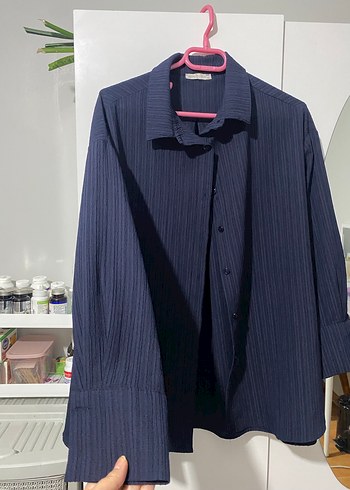 Kadın Lacivert Piliseli Keten Gömlek - Görsel 2