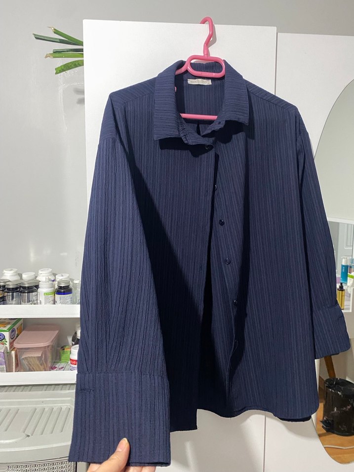 Kadın Lacivert Piliseli Keten Gömlek - Görsel 4