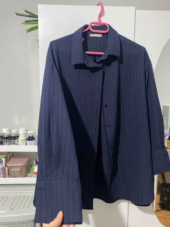 Kadın Lacivert Piliseli Keten Gömlek - Görsel 2