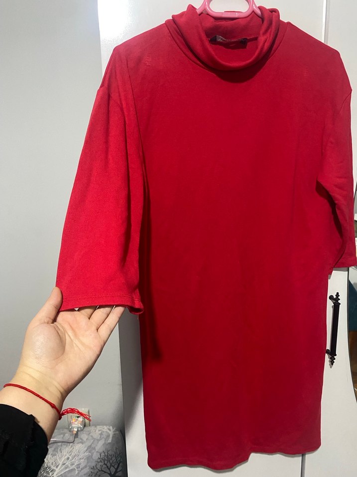 Kırmızı Yüksek Yakalı Midi Triko Elbise - Görsel 3