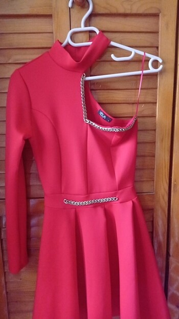 s Beden kırmızı Renk Kırmızı beli zincir detaylı elbise 