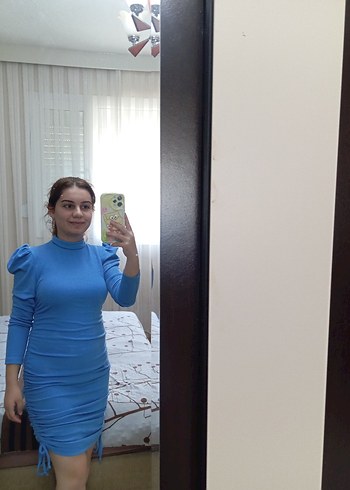 Mavi Yüksek Yakalı Midi Mini Elbise - Görsel 2