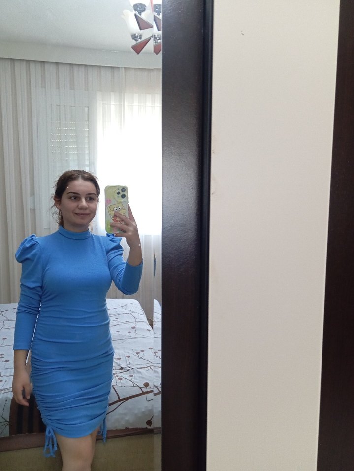 Mavi Yüksek Yakalı Midi Mini Elbise - Görsel 2