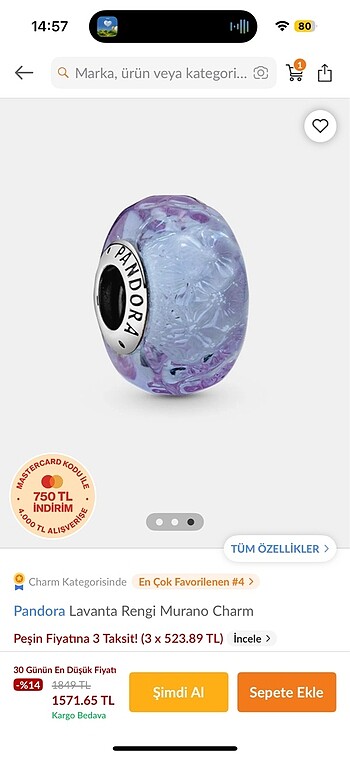 Orijinal Pandora Murano Charm