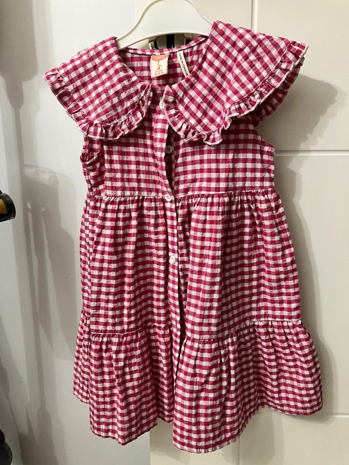 Pembe Ekose Fırfırlı Yakalı Kolsuz Kız Elbisesi - Görsel 5