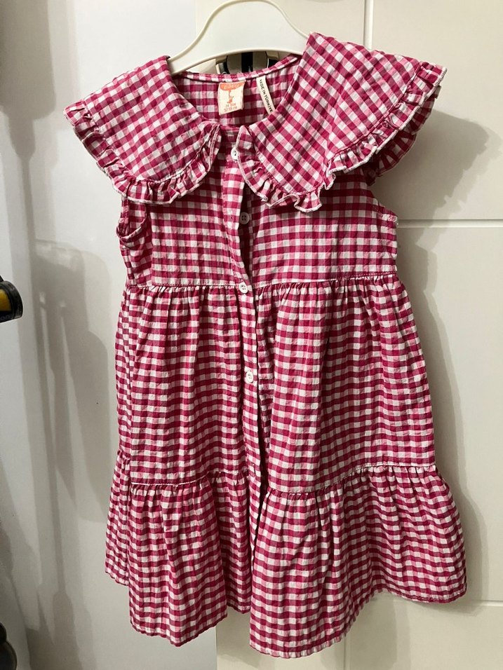 Pembe Ekose Fırfırlı Yakalı Kolsuz Kız Elbisesi - Görsel 4