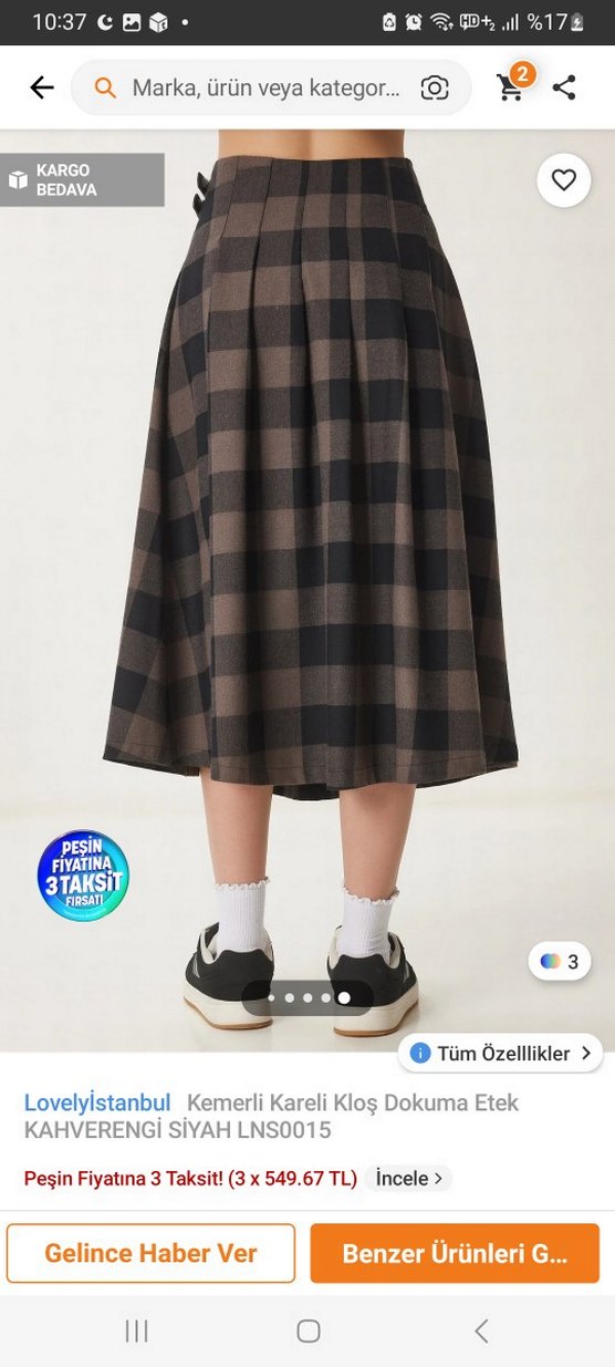 Ekose Desenli Midi Uzun Etek - Görsel 3