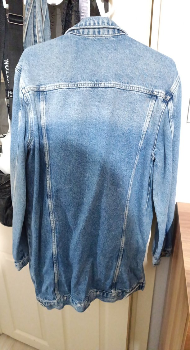 Düğmeli Mavi Uzun Kadın Denim Ceket - Görsel 2