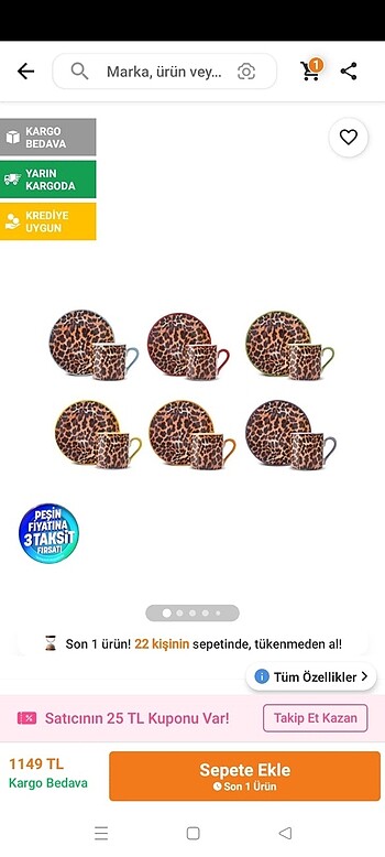 Karaca Pars leopar desenli 6 kişilik fincan takımı