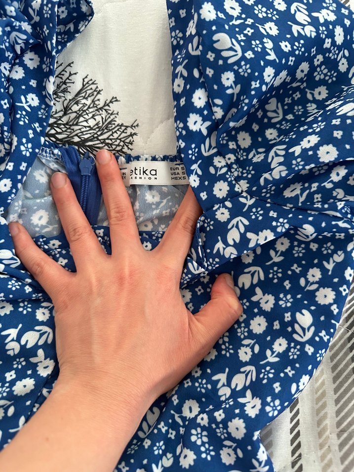 Mavi  Uzun Elbise, Kısa Kollu, Fırfırlı - Görsel 3