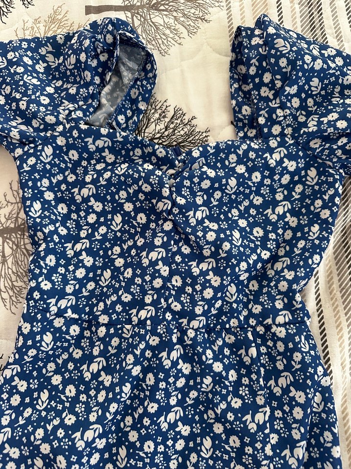 Mavi  Uzun Elbise, Kısa Kollu, Fırfırlı - Görsel 2