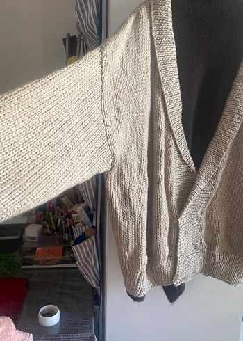 Bej Örgü Kadın Hırka Notch Yaka - Görsel 2