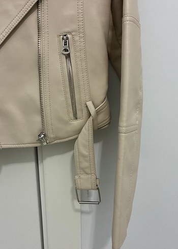 Bej Deri Biker Ceket Kemerli - Görsel 5