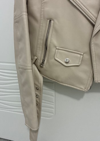 Bej Deri Biker Ceket Kemerli - Görsel 6