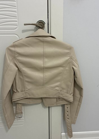 Bej Deri Biker Ceket Kemerli - Görsel 7